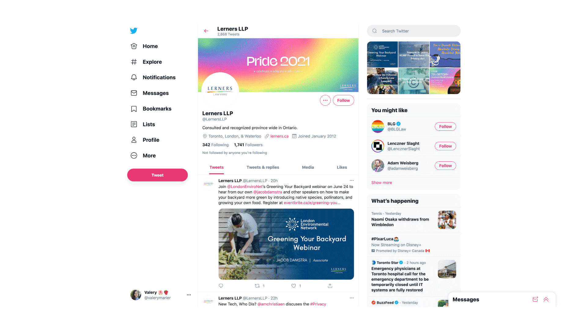 A mockup of the Pride 2021 banner on Lerners Lawyers' Twitter page.