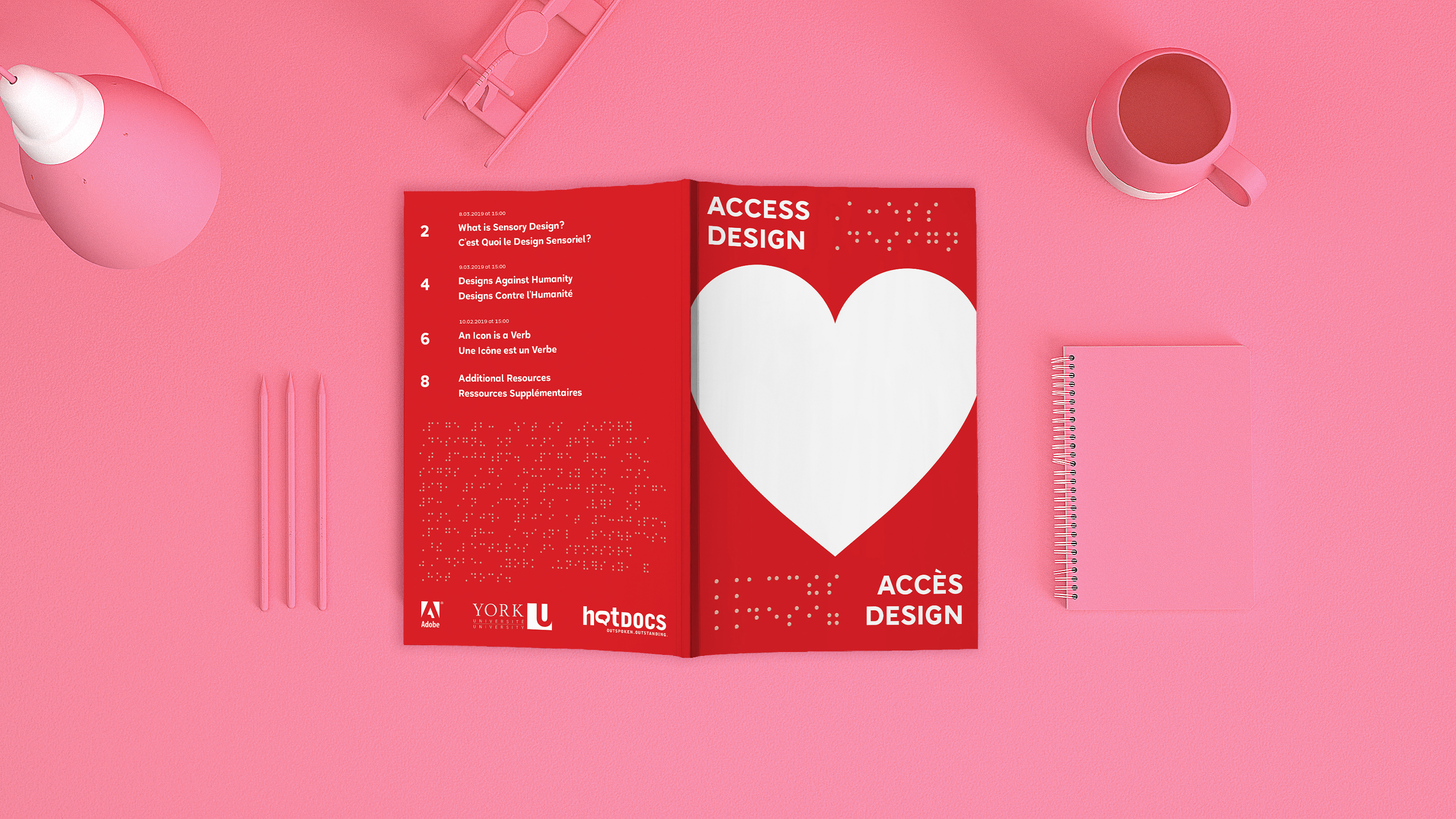 The front and back cover of the book portion of the Access Design Project. It features a condensed festival schedule, the festival name in English, French, and Braille, and a large heart symbol.