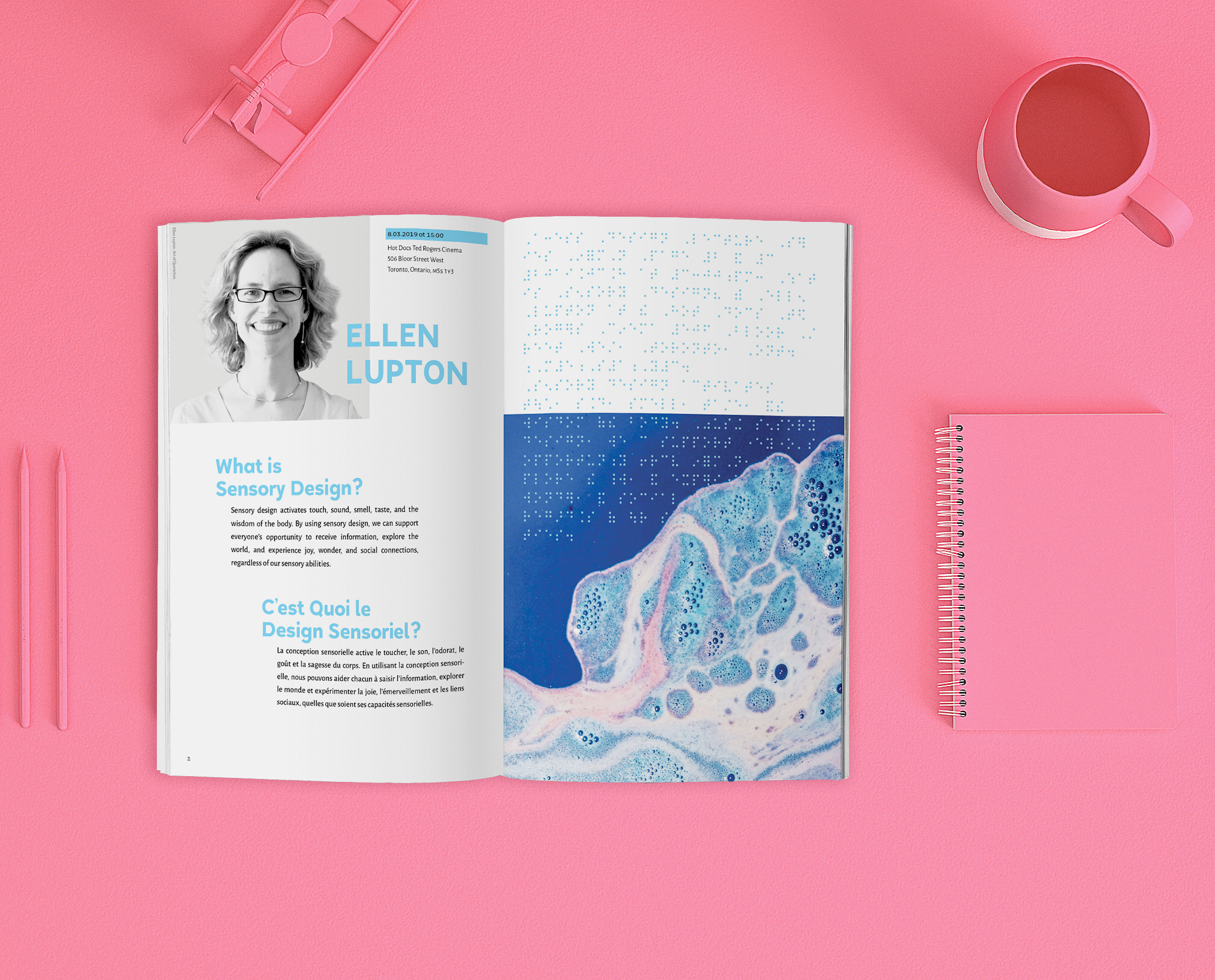 An interior spread of the booklet portion of the Access Design Project. This spread is about Ellen Lupton and Sensory Design.