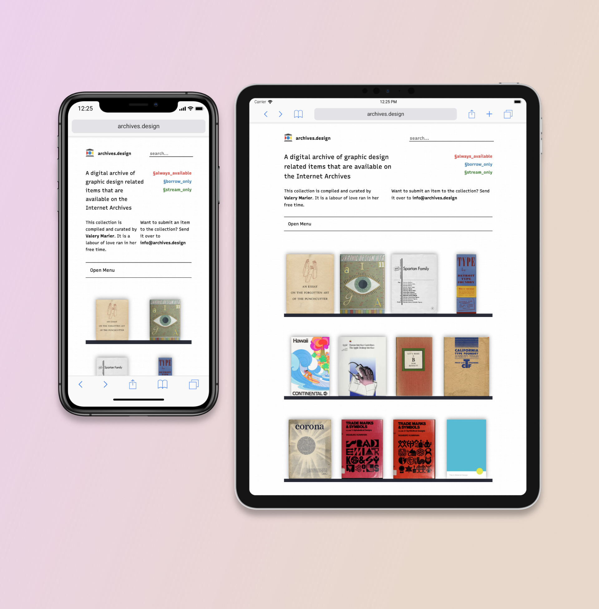 A photo of the archives.design homepage displayed on an iPhone (left) and iPad (right).
