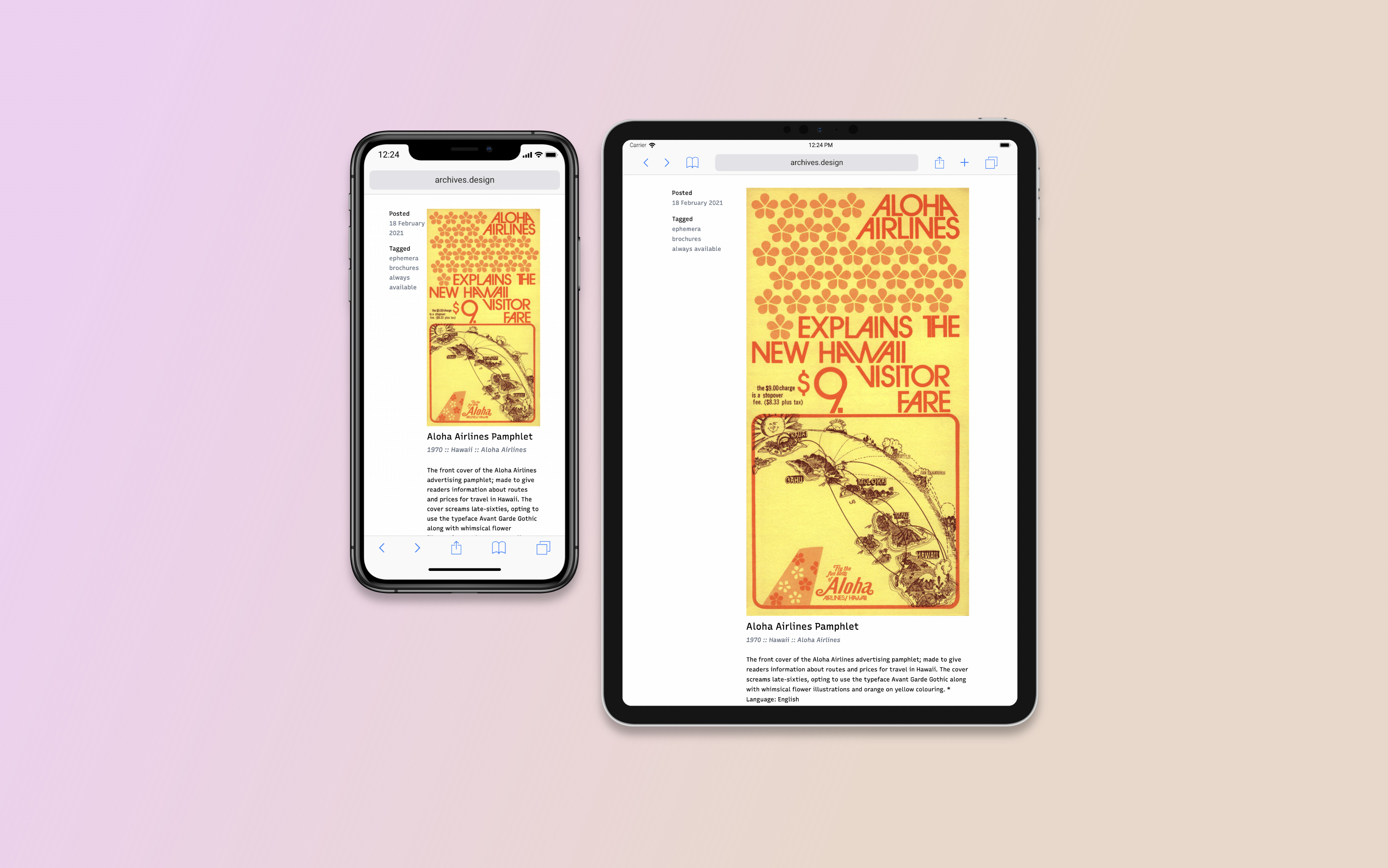 A photo of an item page from archives.design displayed on an iPhone (left) and iPad (right).