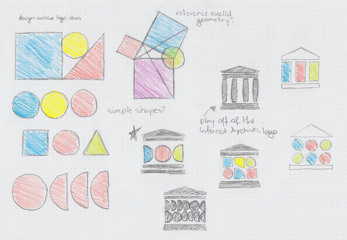 A collection of concept sketches for the archives.design logo mark. They incorporate basic shapes and geometry and play off of the existing Internet Archive logomark.