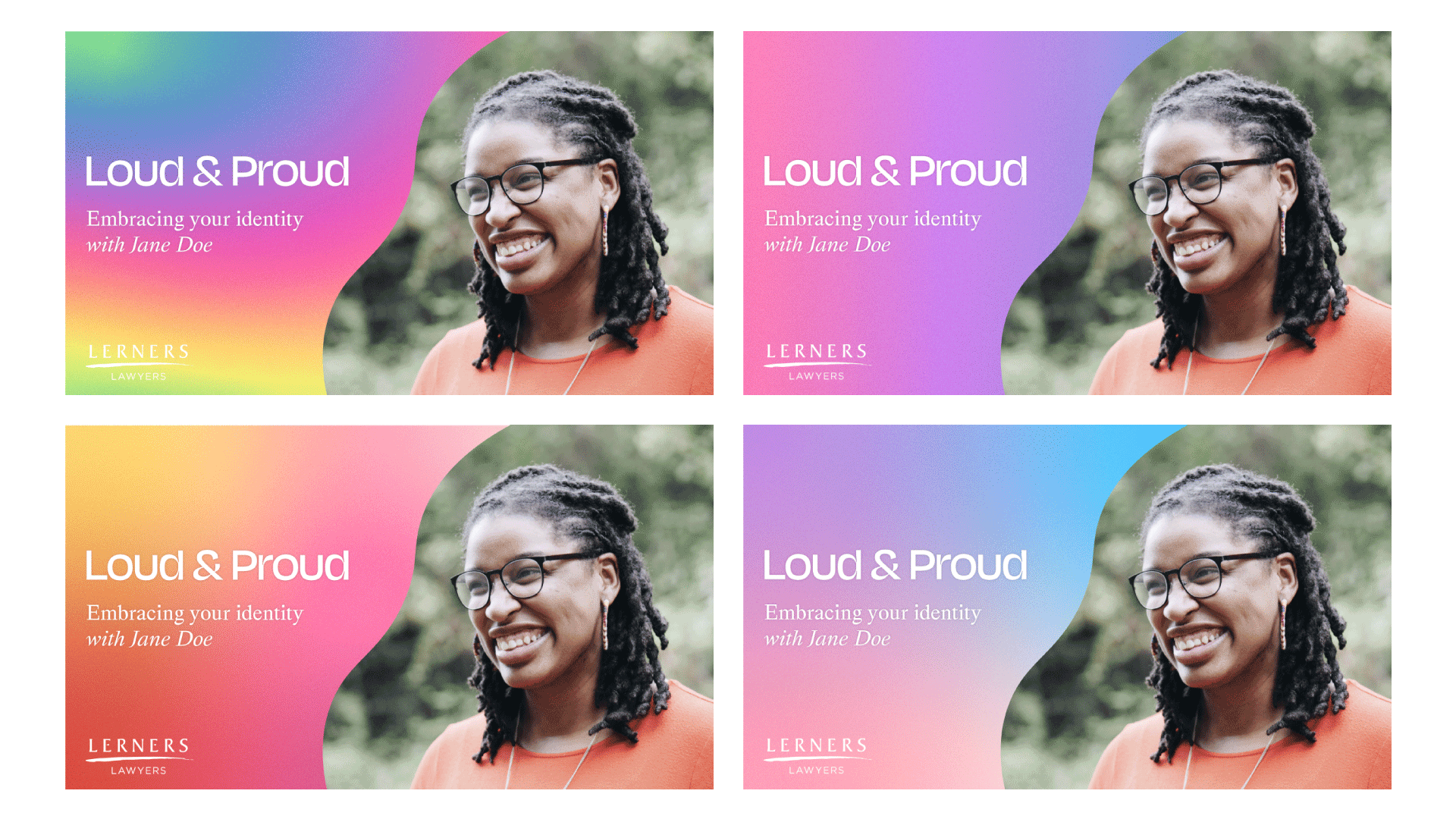 A spread showing 4 example social media posts with photos, using all four pride colour gradients.