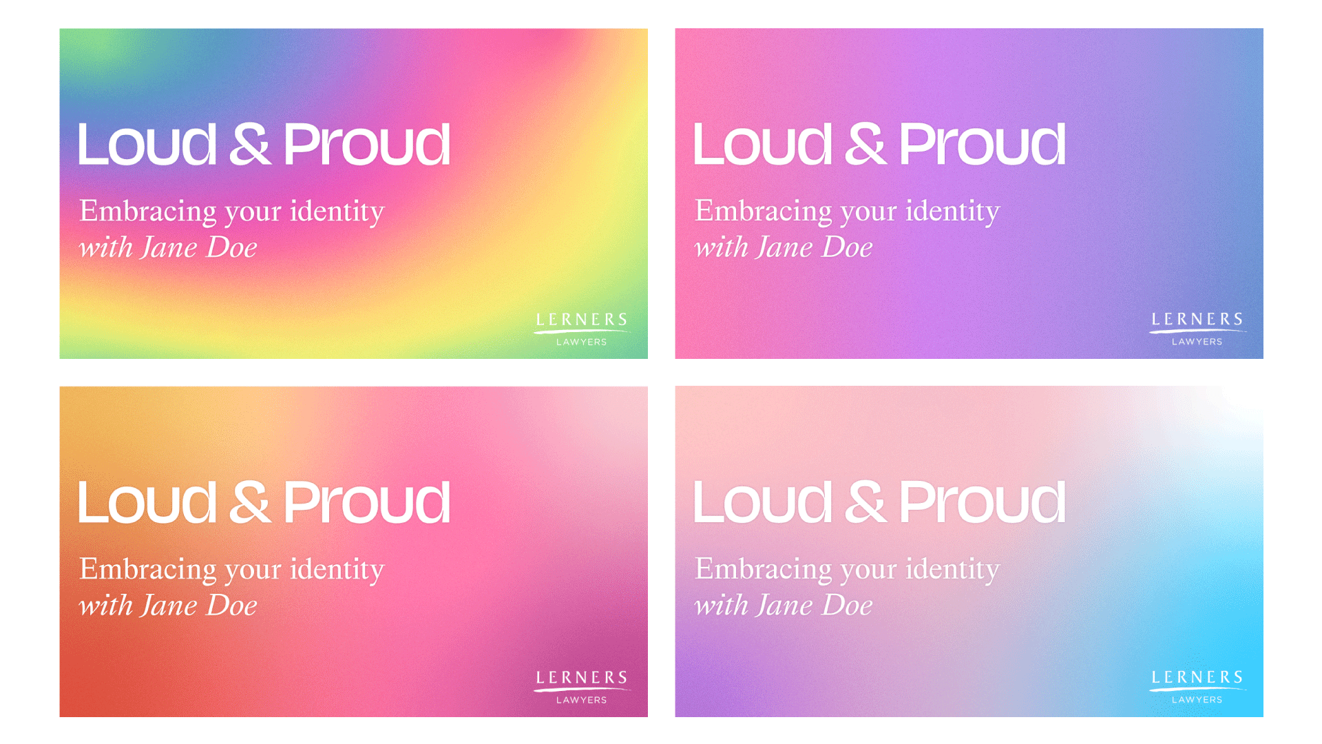 A spread showing 4 example social media posts without photos, using all four pride colour gradients.