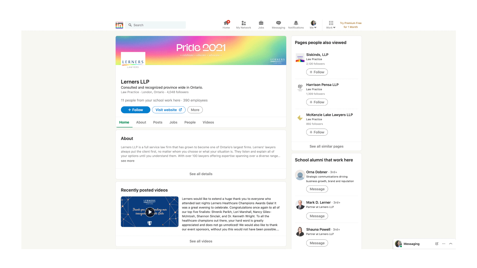 A mockup of the Pride 2021 banner on Lerners Lawyers' LinkedIn page.