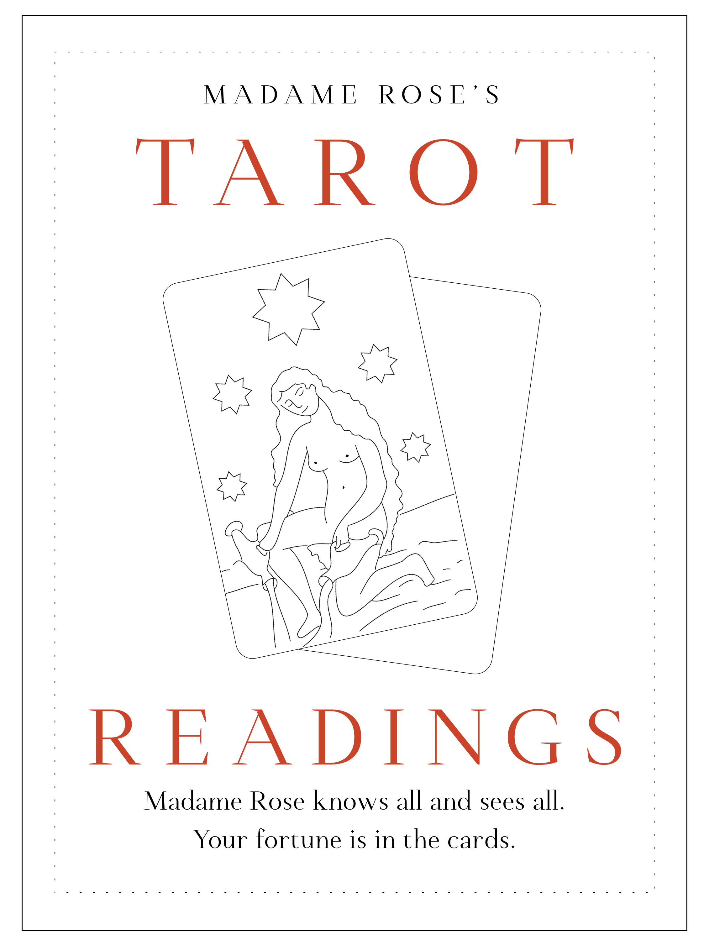 A fake advertisement for Madame Rose's Tarot Readings typeset in the font Witchy