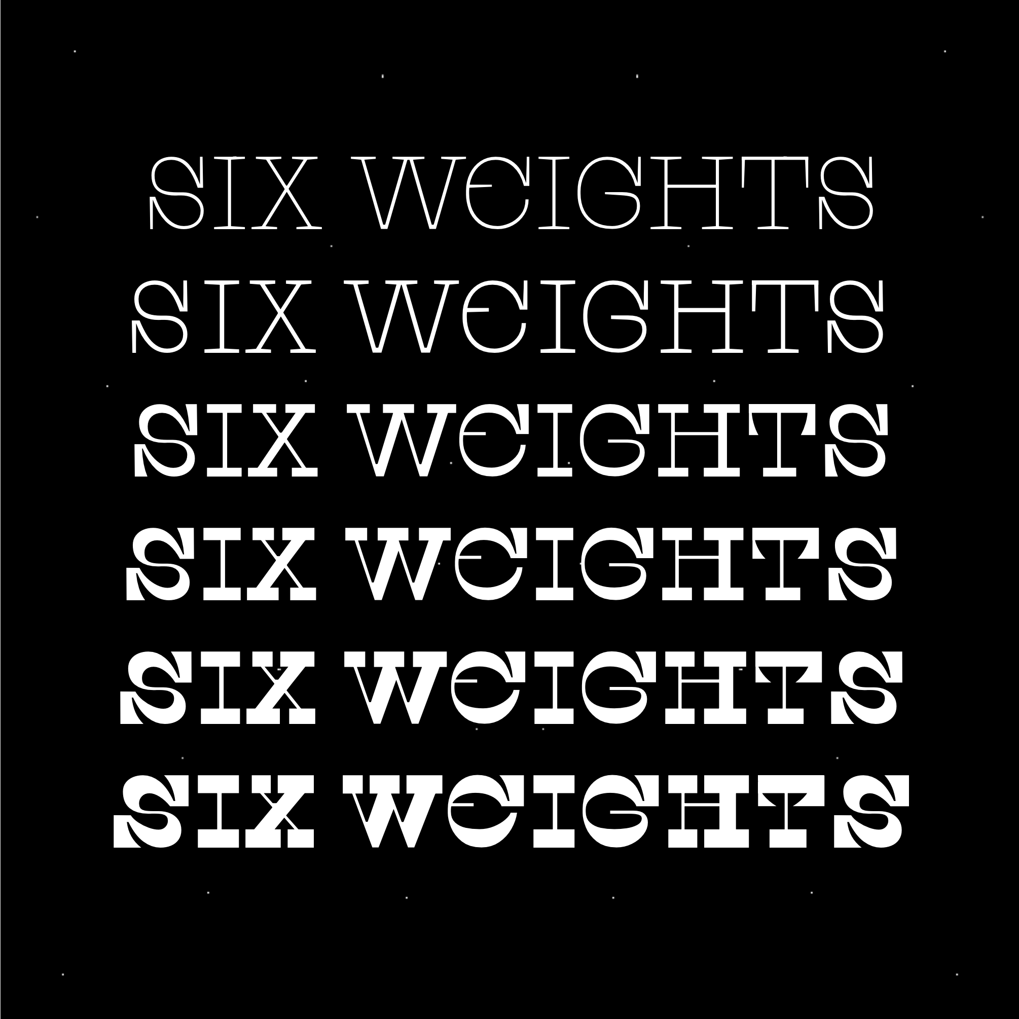 An image showing all six weights of the font Space Cowgirl