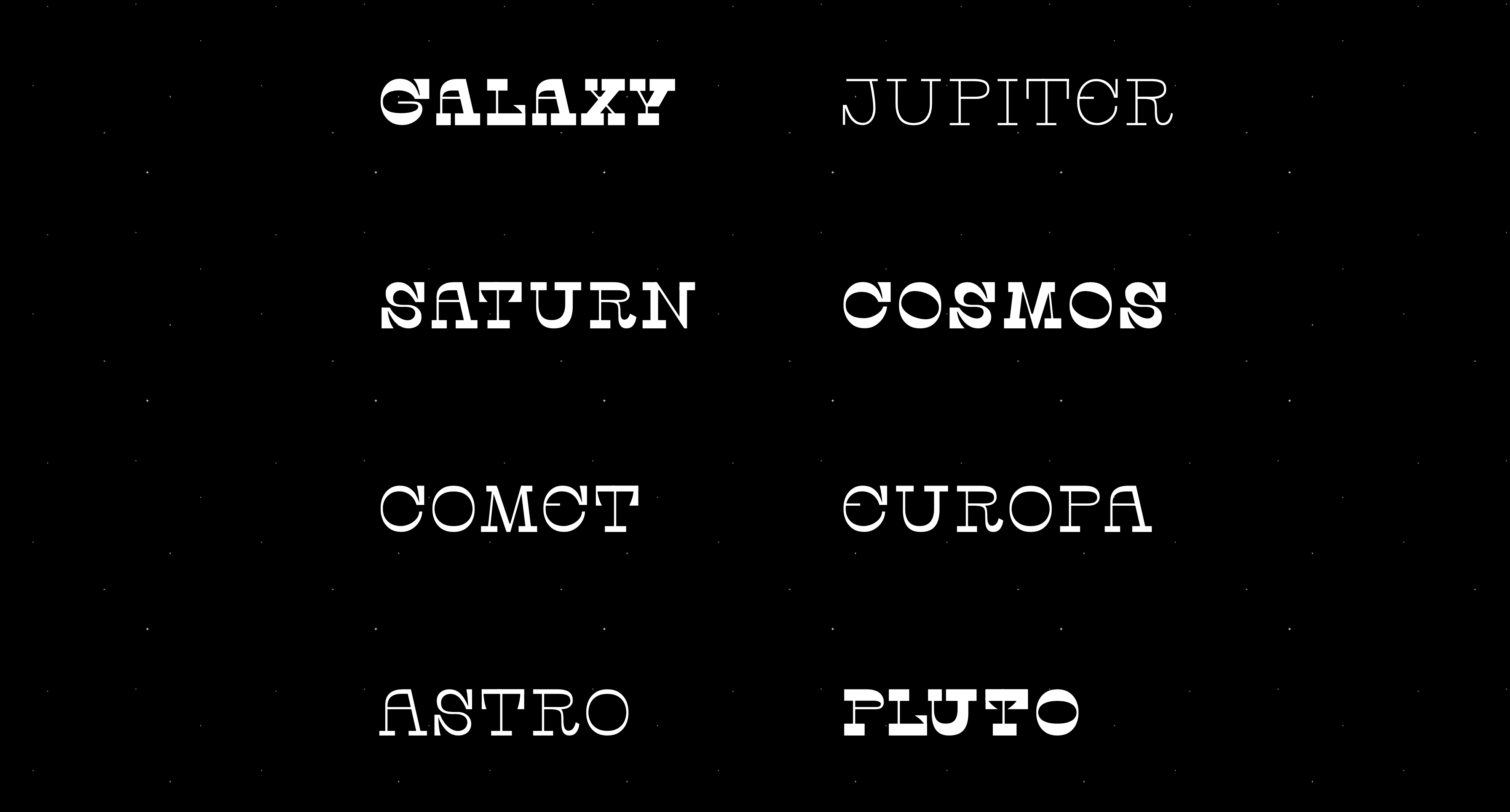 Eight different space-related words showing off the font Space Cowgirl