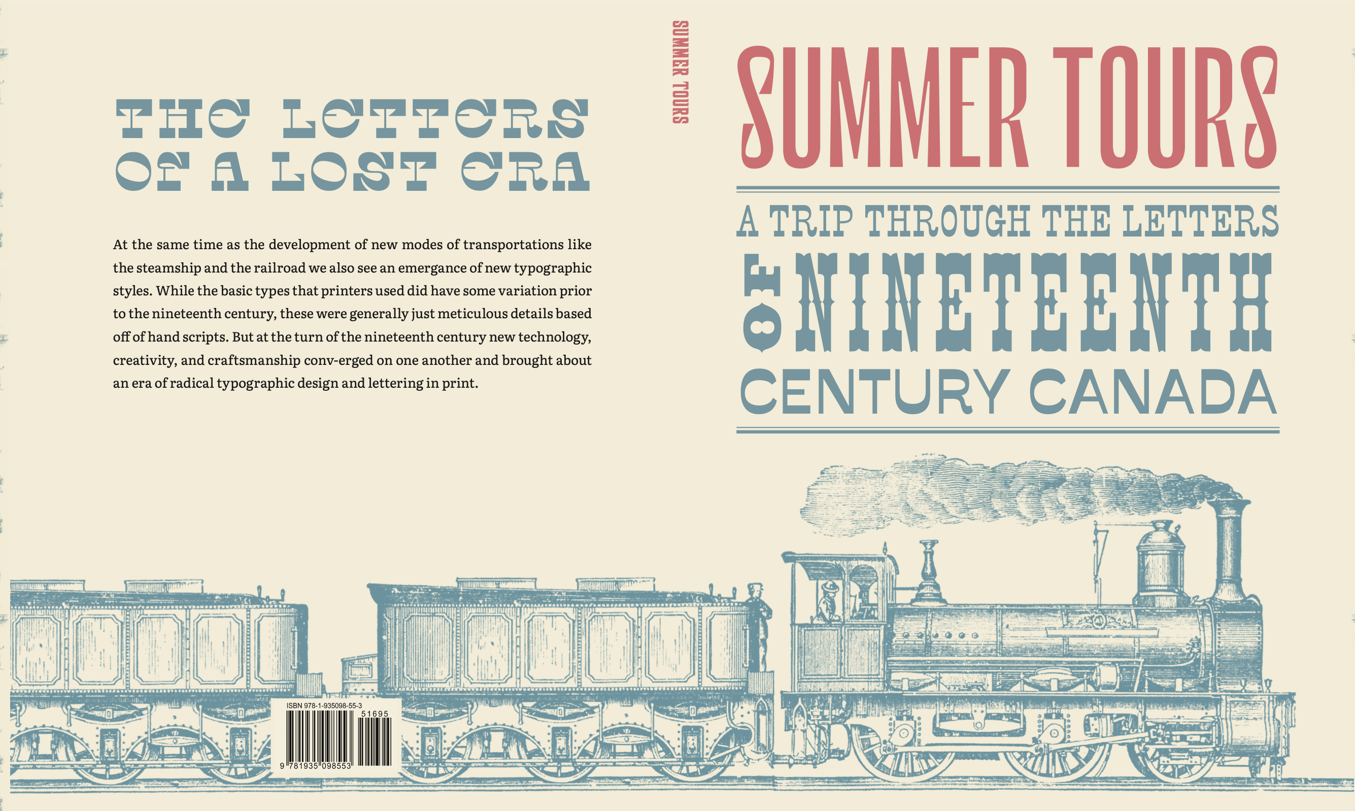 The front and back cover of the book Summer Tours featuring a wood block print of an old steam train