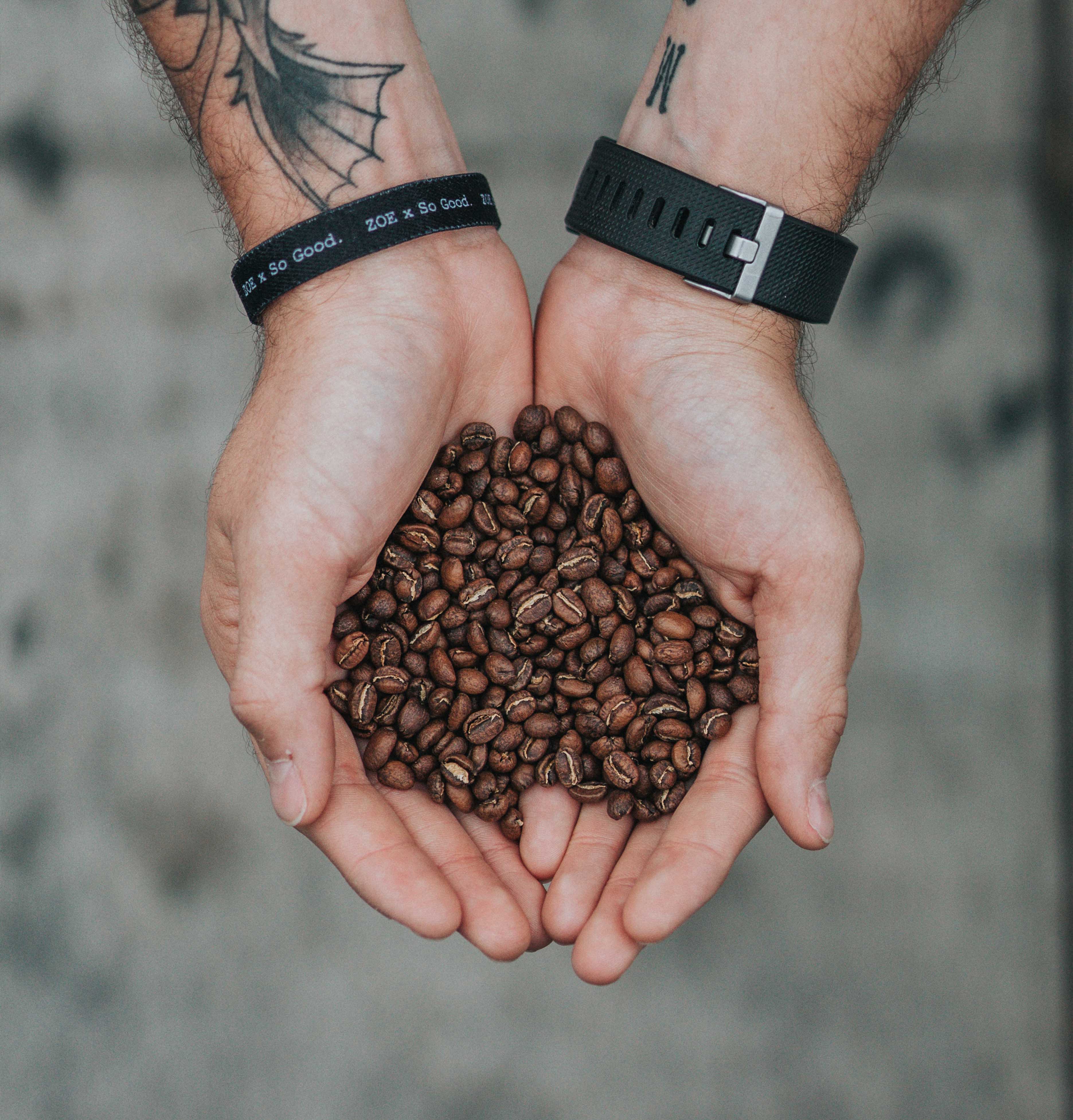 A photograph of two hands holding coffee beans